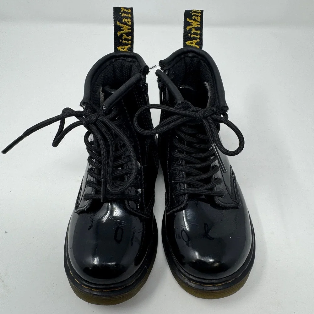 Kids Dr Martens‎ 1460 T Black Patent Leather Combat Boots Side Zip Size 8 US